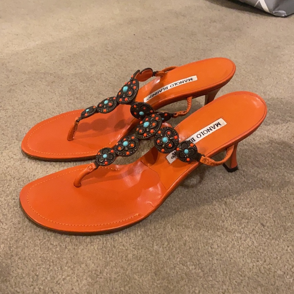 Manolo Blahnik Orange Sandals with Turquoise Accents
